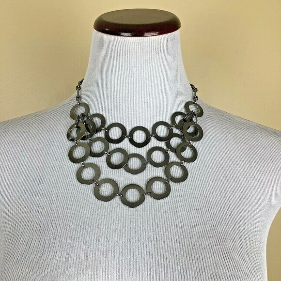 New York Co Dark Silver Necklace Hematite Tone 3 Strand Circles Chain 20" - Picture 3 of 5
